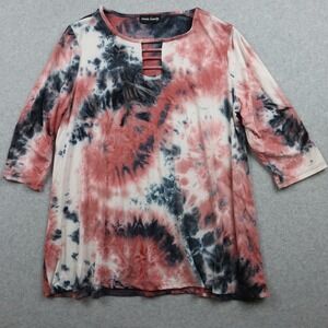 Inner Beauty Top Womens 1X Plus Caged Ladder Neckline Casual Tie-Dye 3/4 Sleeve‎